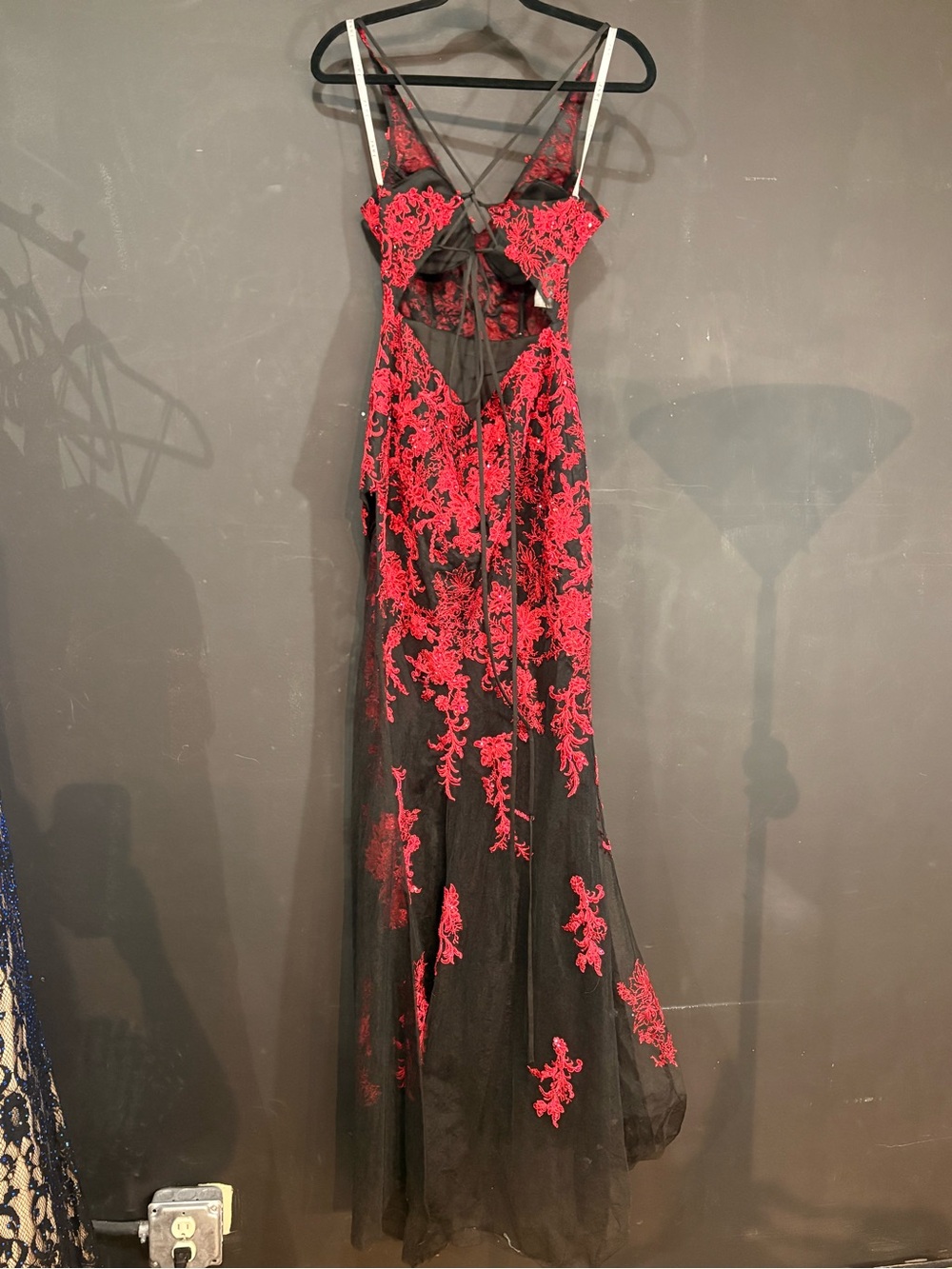 Red Floral Lace Maxi Dress with Black Sheer Base - Picture 3 of 6